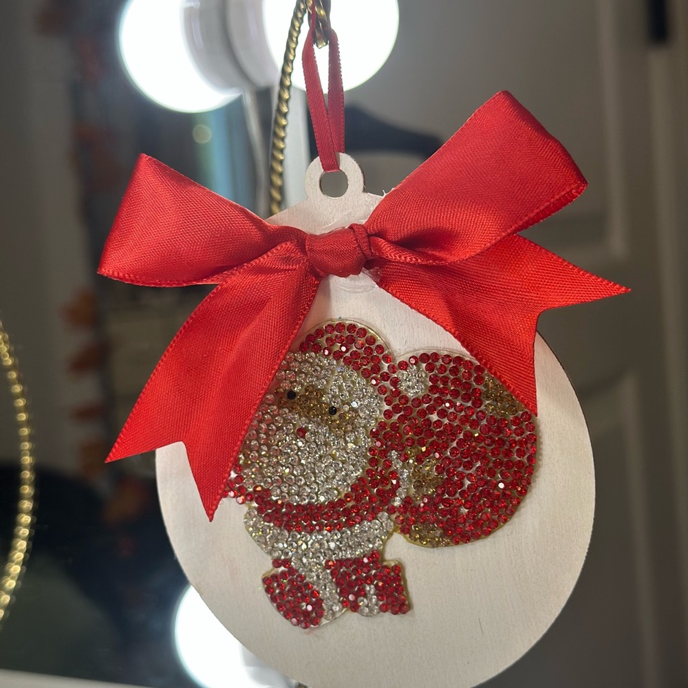 Festive Santa Wood Ornament with Red Bow